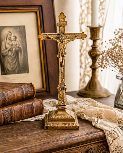 Antique Brass Standing Altar Crucifix with Mary Figure at Base and Ornate Tiered Square Base