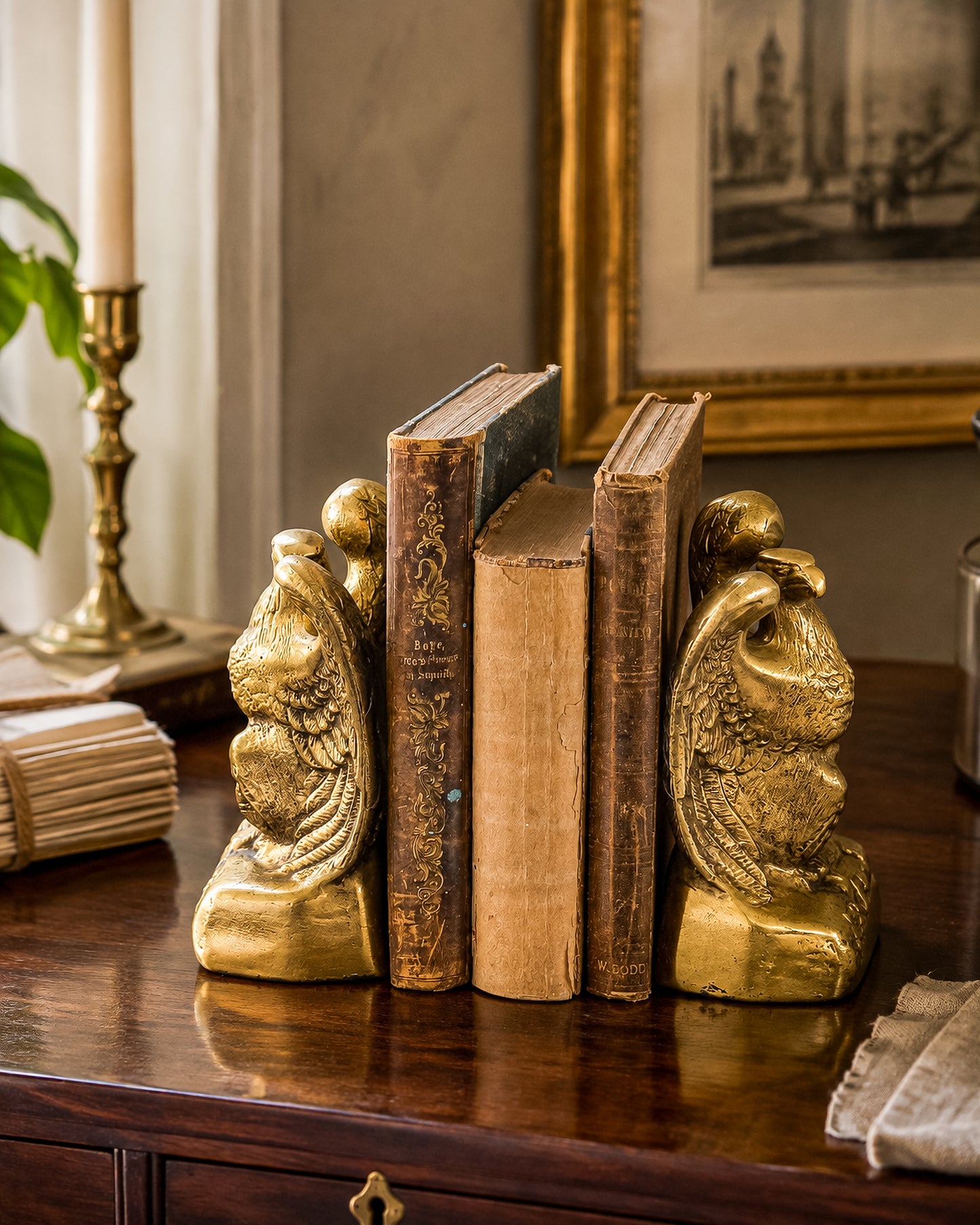 Vintage Solid Brass Weighted Eagle Bookends with Detailed Feather Relief, Sold as a Pair
