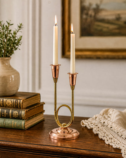 Coppercraft Guild Double Candlestick Holder in Brass and Copper, Mid-Century French Horn Design