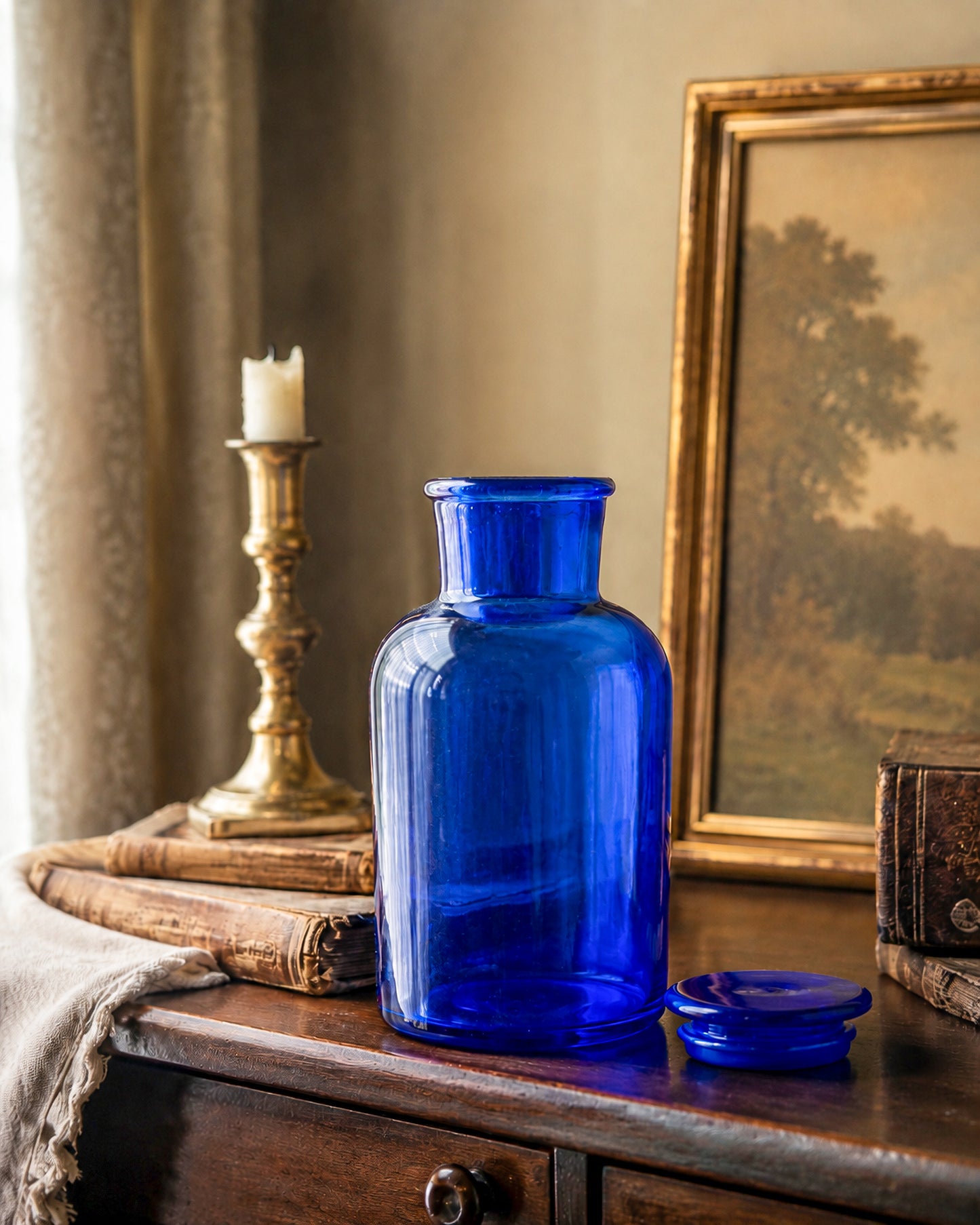 Vintage Cobalt Blue Glass Apothecary Jar with Ground Glass Stopper, Wide Mouth Pharmacy Bottle
