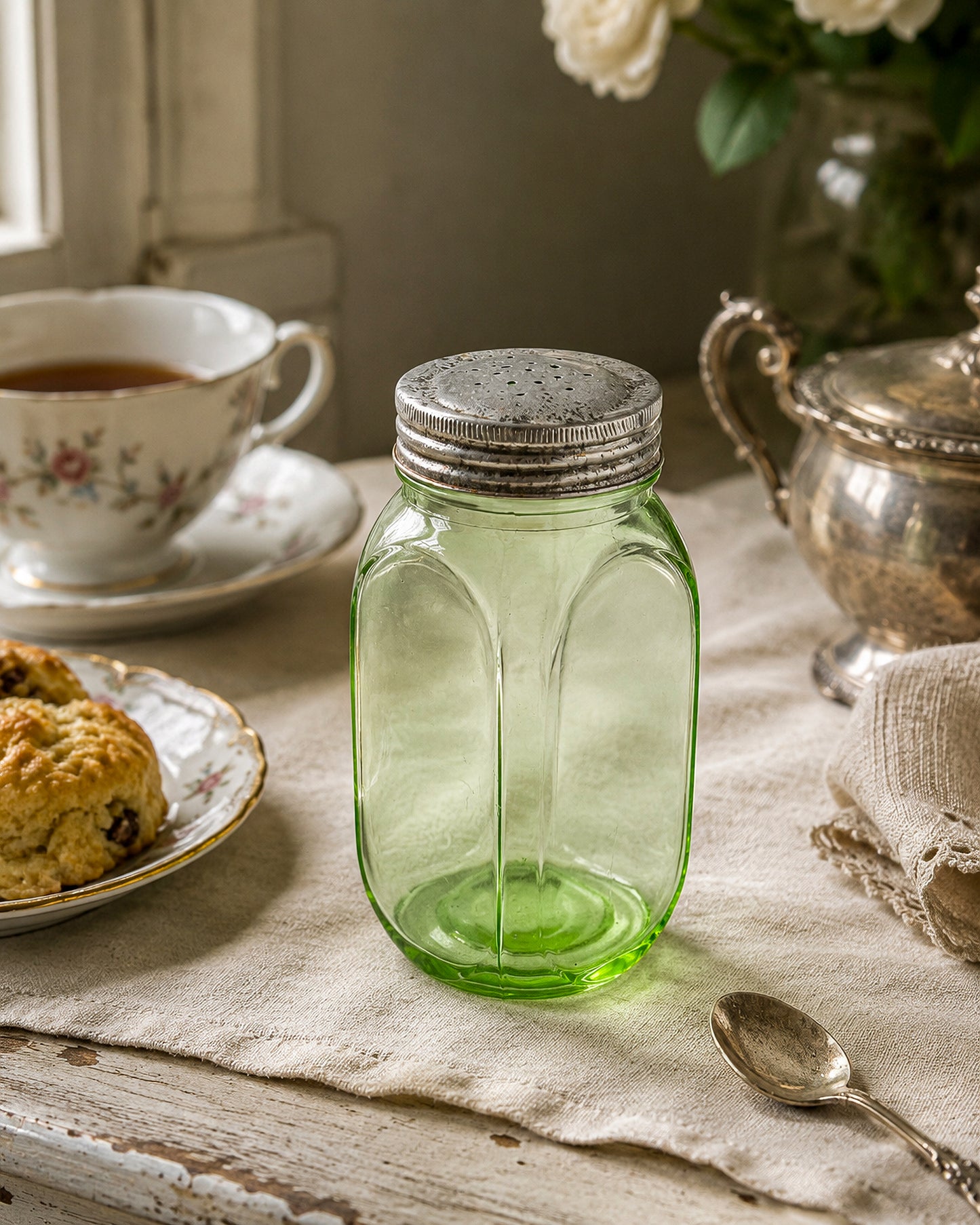 Vintage Uranium Glass Sugar Shaker with Original Perforated Metal Lid