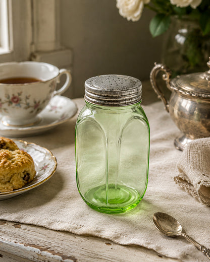 Vintage Uranium Glass Sugar Shaker with Original Perforated Metal Lid