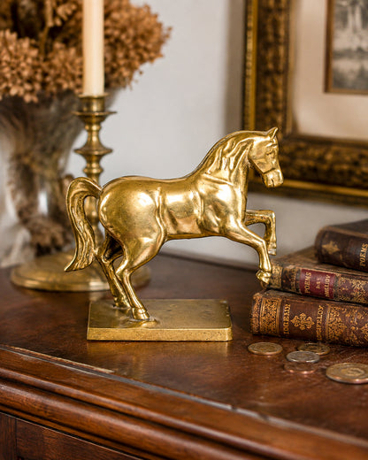 Vintage Brass Horse Still Bank with Coin Slot, Prancing Stallion Figurine on Integral Base