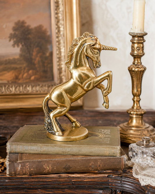 Vintage Brass Rearing Unicorn Figurine on Oval Base, Mythical Horse Sculpture for Shelf Decor