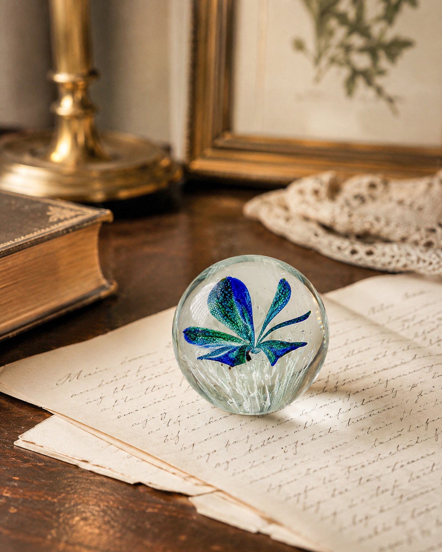 Art Glass Butterfly Paperweight, Cobalt Blue and Teal Lampwork Globe with Controlled Bubbles