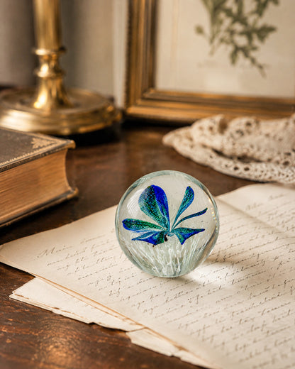 Art Glass Butterfly Paperweight, Cobalt Blue and Teal Lampwork Globe with Controlled Bubbles