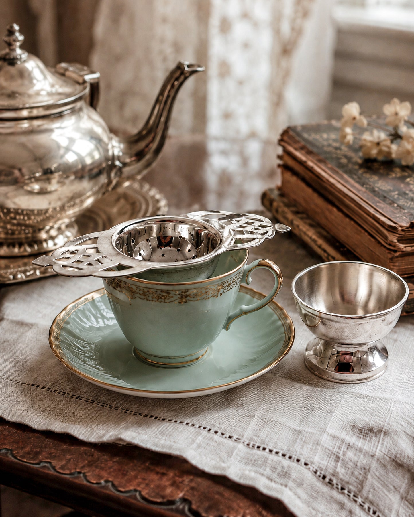 Vintage Silver or Nickel Plated Tea Strainer with Reticulated Celtic Knotwork Handles and Drip Bowl