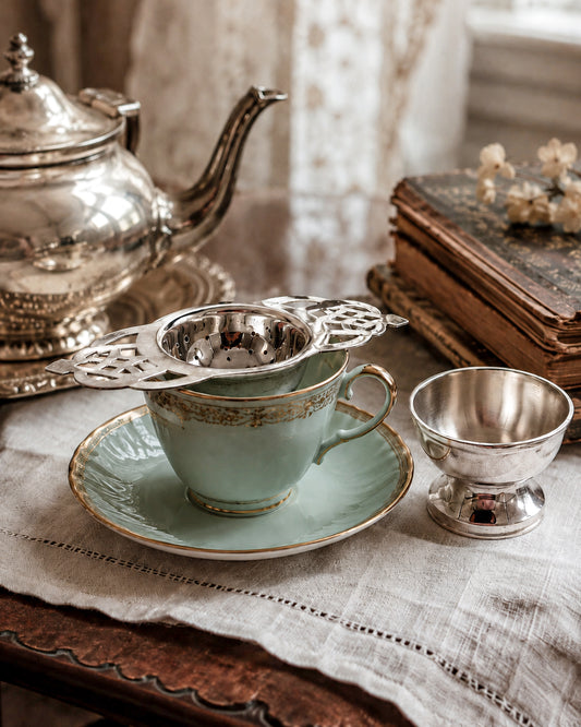 Vintage Silver or Nickel Plated Tea Strainer with Reticulated Celtic Knotwork Handles and Drip Bowl