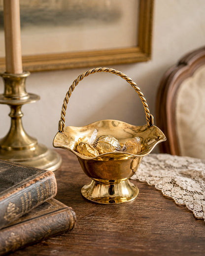 Vintage Polished Brass Basket with Twisted Rope Handle and Ruffled Scalloped Rim on Pedestal Base