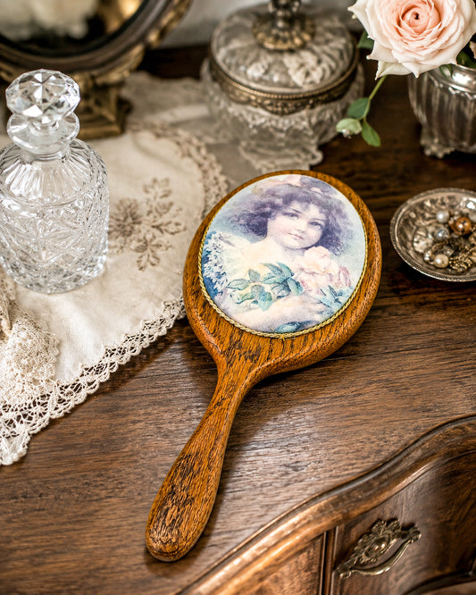 Vintage Oak Hand Mirror with Victorian Girl Portrait on Reverse, Double-Sided Vanity Mirror