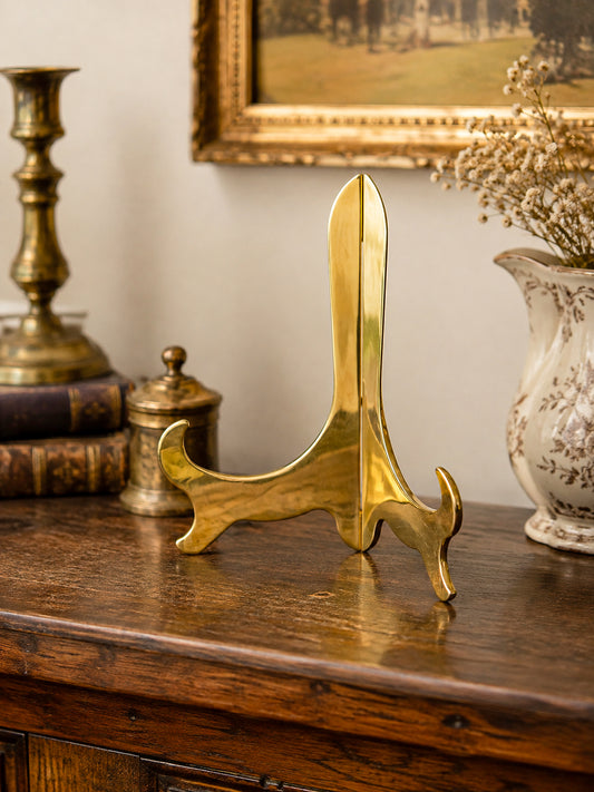 Vintage Polished Brass Folding Easel Stand for Plates, Photos or Art, Decorative Sculpted Silhouette