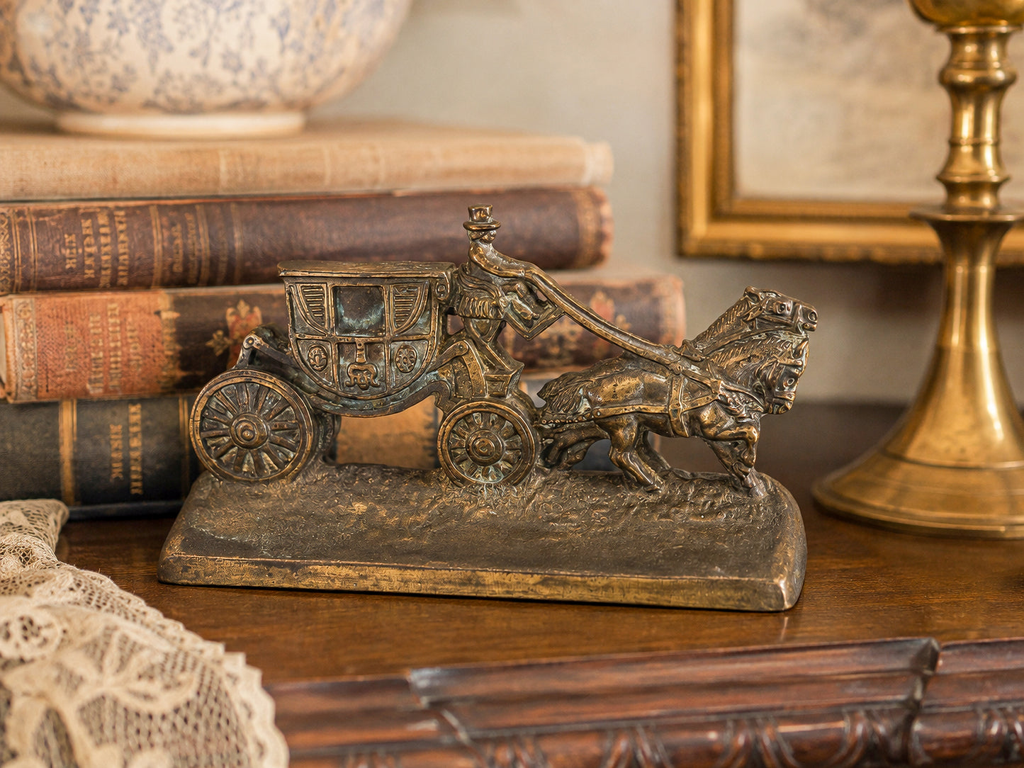 Vintage Hubley Cast Iron Horse-Drawn Stagecoach Bookends, Matched Pair Doorstops No. 379