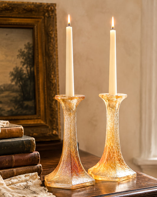 Vintage Marigold Carnival Glass Candlestick Holders with Crackle Texture, Hexagonal Base, Sold as a Pair