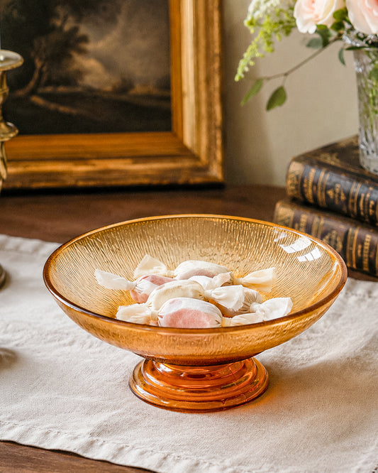 Jeannette Carnival Glass Marigold Tree Bark Pedestal Compote Bowl with Iridescent Finish