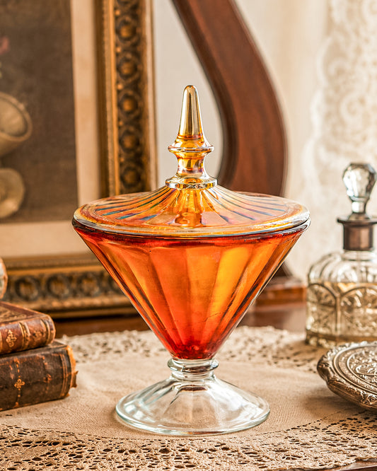 Vintage Marigold Carnival Glass Footed Covered Candy Dish with Ribbed Sunburst Lid and Finial