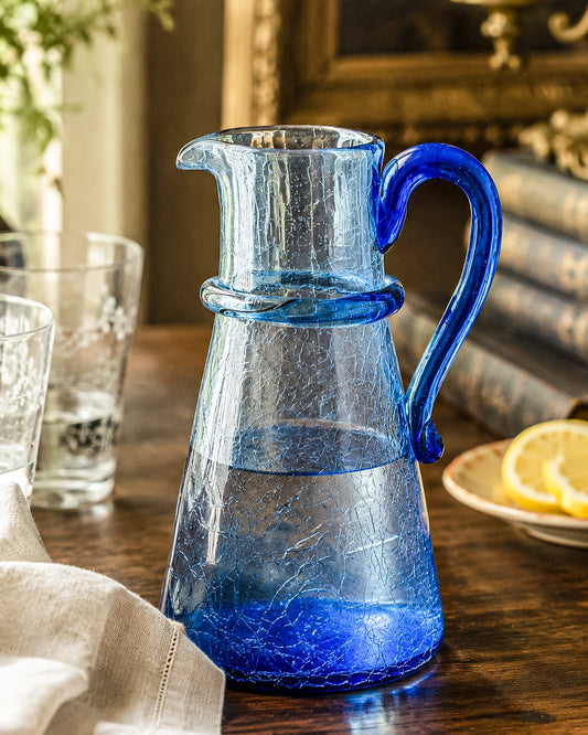 Vintage Blue Crackle Glass Pitcher with Cobalt Handle and Applied Collar, Mid-Century Art Glass