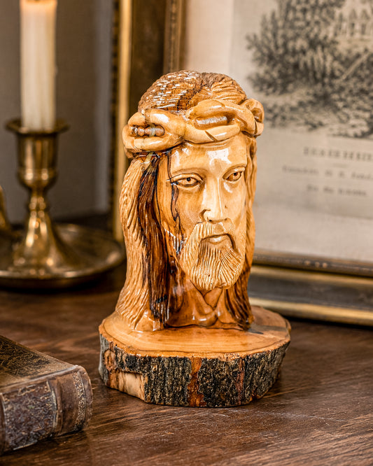 Hand-Carved Jesus Christ Bust with Crown of Thorns on Natural Live-Edge Wood Base, Folk Art Sculpture
