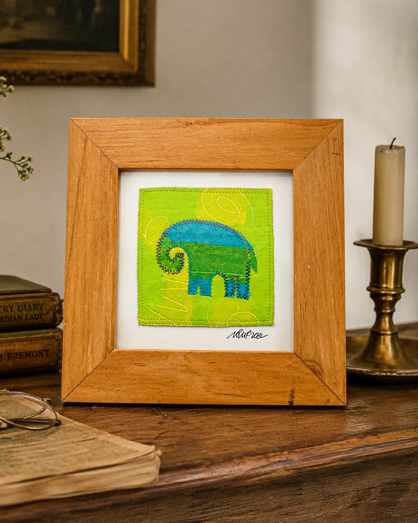 Signed Framed Elephant Textile Art, Fabric Appliqué Collage, Folk Art Fiber Art