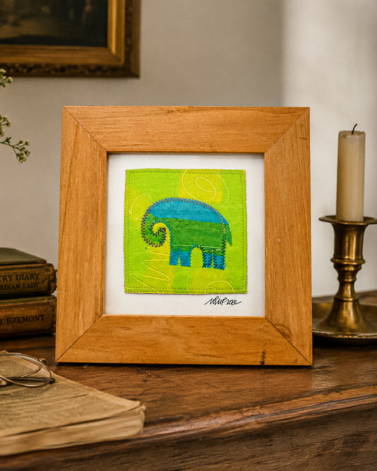 Signed Framed Elephant Textile Art, Fabric Appliqué Collage, Folk Art Fiber Art