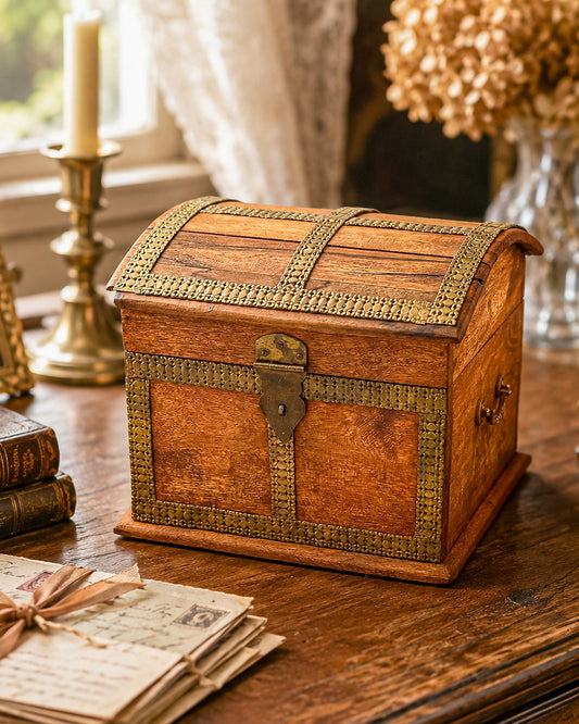 Vintage Indian Brass-Inlay Dome-Top Wooden Dowry Box, Treasure Chest with Floral Brass Banding
