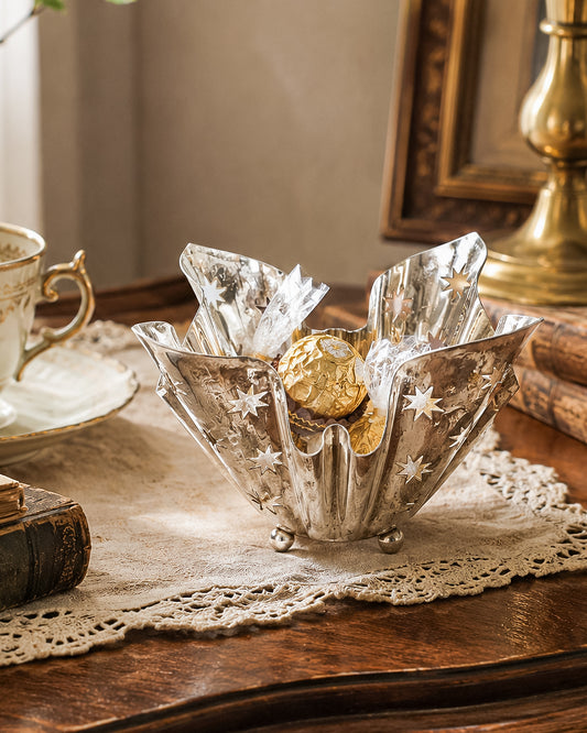 Vintage Silverplate Atomic Celestial Star Handkerchief Bowl with Ball Feet, Mid-Century Modern Decor