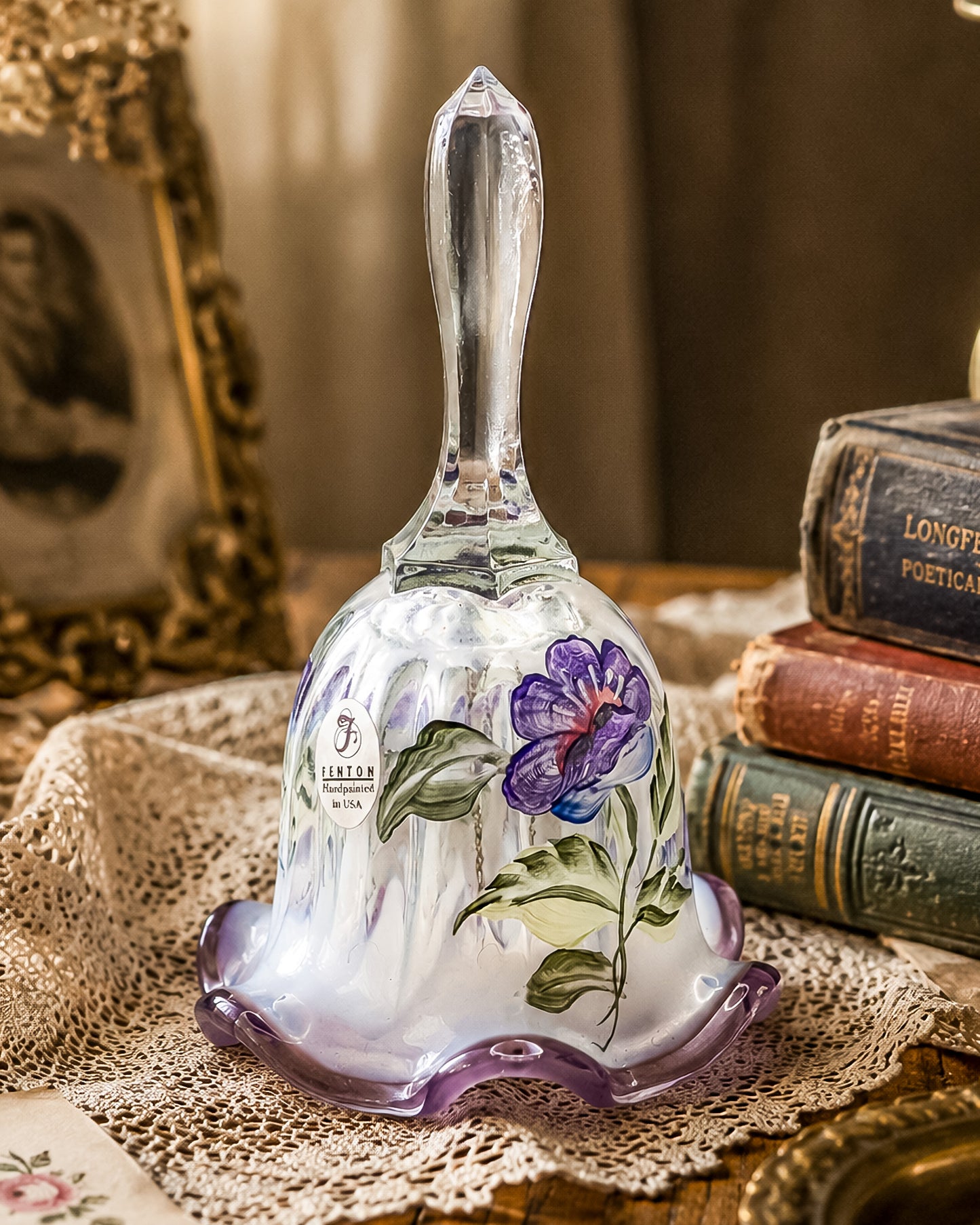 Fenton Art Glass Bell – Hand-Painted Violet Floral Opalescent