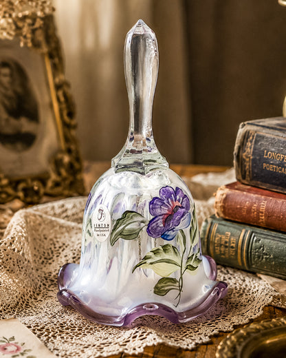 Fenton Art Glass Bell – Hand-Painted Violet Floral Opalescent