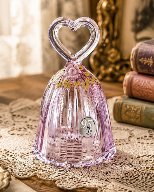 Fenton Art Glass 95th Anniversary Bell – Rosalene Pink Heart Handle Hand-Painted Roses