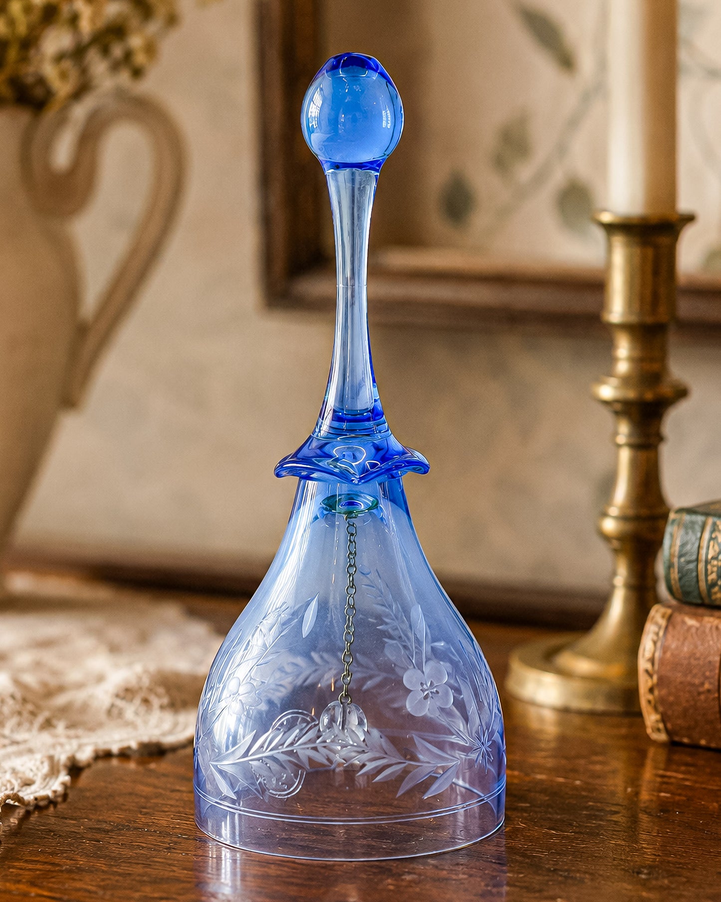 Ofnah Crystal Bell – Cobalt Blue Handle Etched Floral Wheat Lead Crystal