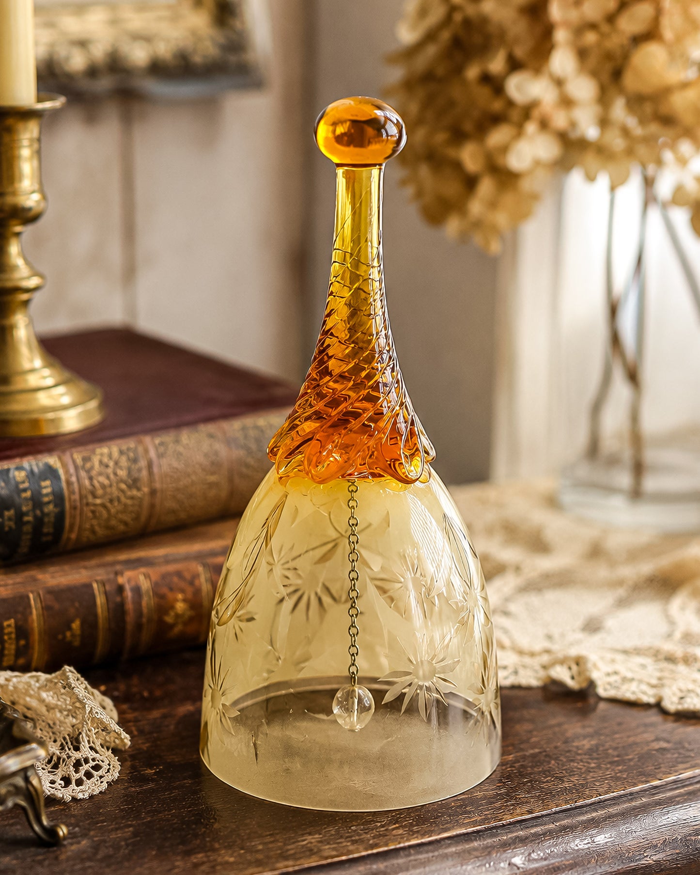 Ofnah Crystal Bell – Amber Ombre Twisted Handle Wheel-Cut Floral Lead Crystal