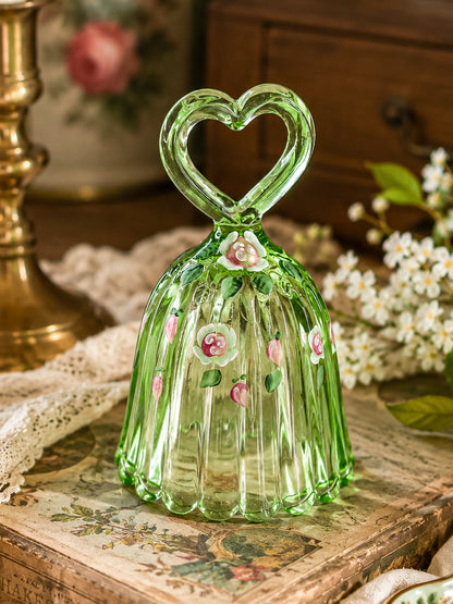 Fenton Art Glass Bell – Spring Green Heart Handle Hand-Painted Pink Rosebuds