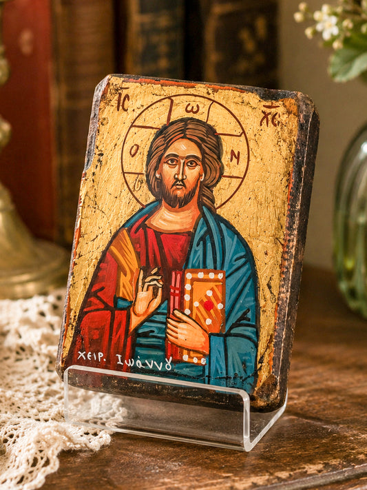 Hand-Painted Byzantine Icon Christ Pantocrator – Gold Leaf Tempera on Wood Greece