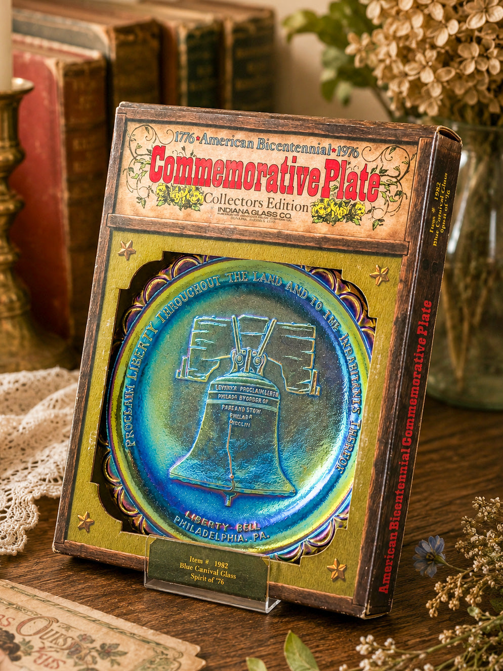 Indiana Glass Bicentennial Liberty Bell Plate – Blue Carnival Glass 1976