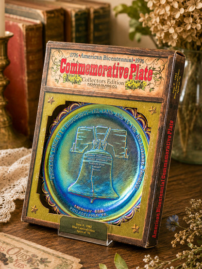 Indiana Glass Bicentennial Liberty Bell Plate – Blue Carnival Glass 1976