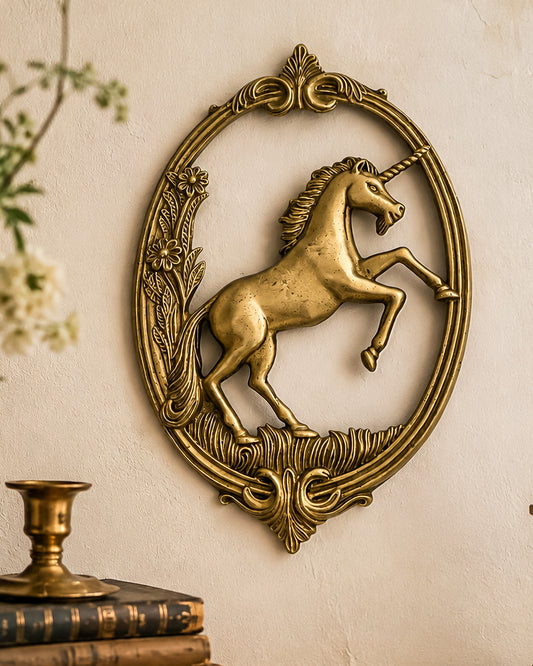 Vintage Brass Unicorn Wall Plaque | Ornate Oval Floral Frame | 1970s–80s