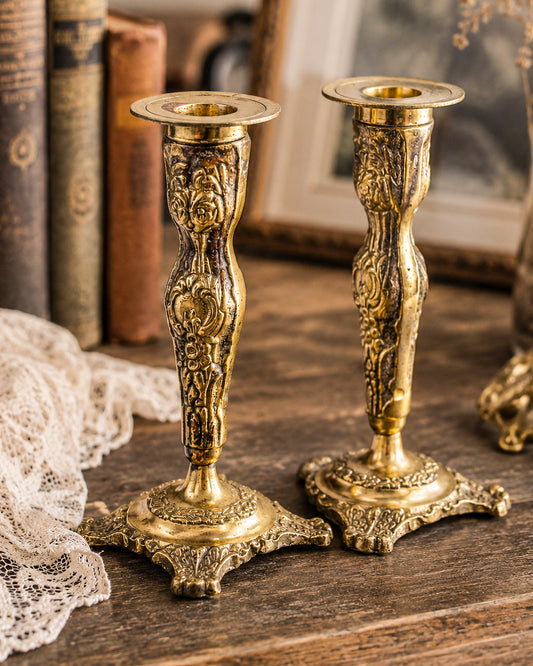 Vintage Brass Candlestick Holders — Ornate Repousse Floral Pair