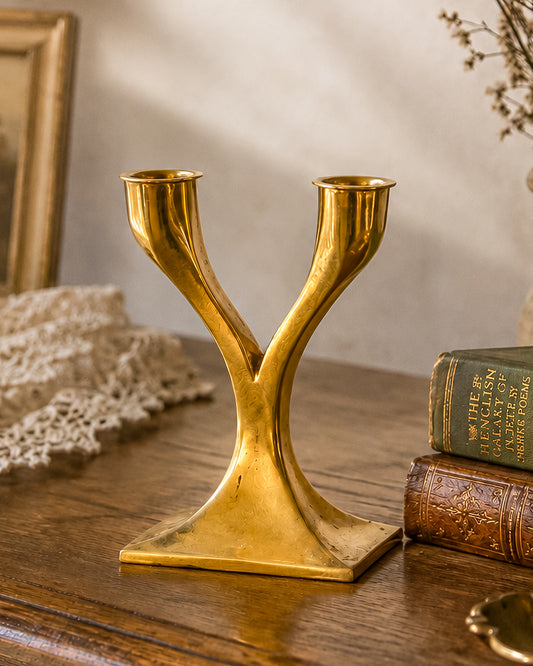 Vintage Brass Double Candelabra — Mid-Century Modern Y-Form Sculptural