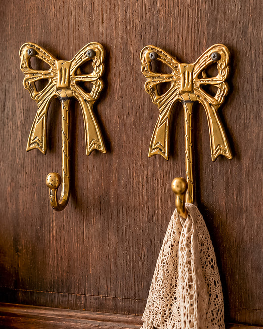 Vintage Brass Bow-Shaped Wall Hooks — Decorative Cast Brass Pair