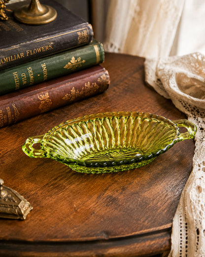 Vintage Indiana Glass Avocado Green Handled Relish Dish — Honeycomb Pattern
