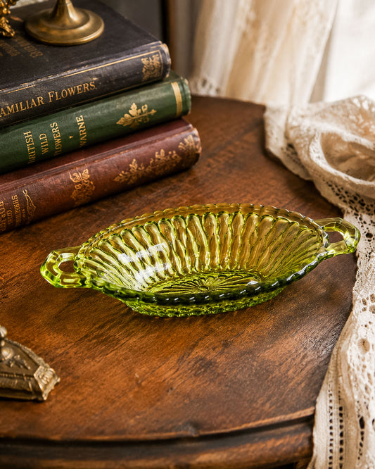 Vintage Indiana Glass Avocado Green Handled Relish Dish — Honeycomb Pattern