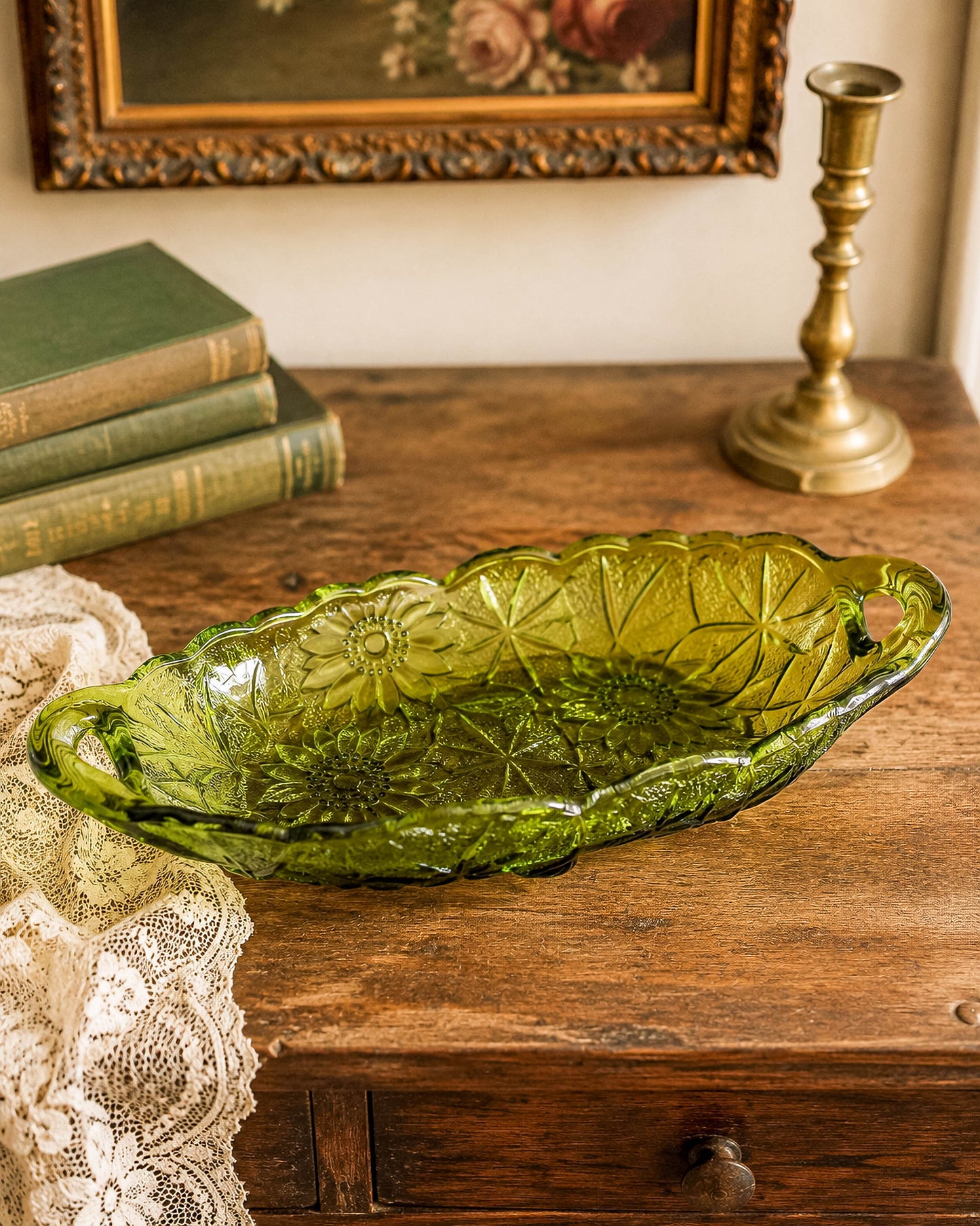 Vintage Indiana Glass Avocado Green Oval Relish Dish — Lily Pons Water Lily Pattern