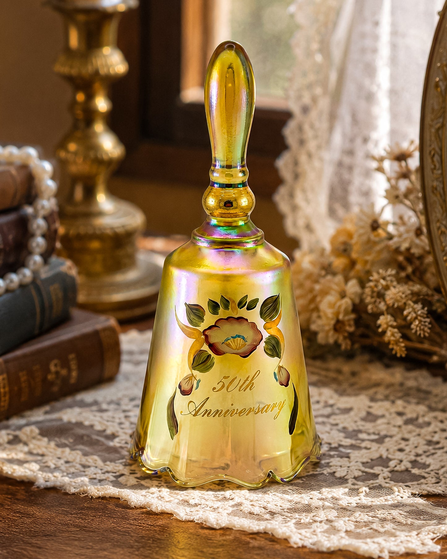 Vintage Fenton 50th Anniversary Gold Carnival Glass Bell — Hand-Painted, Artist Signed, Personalized