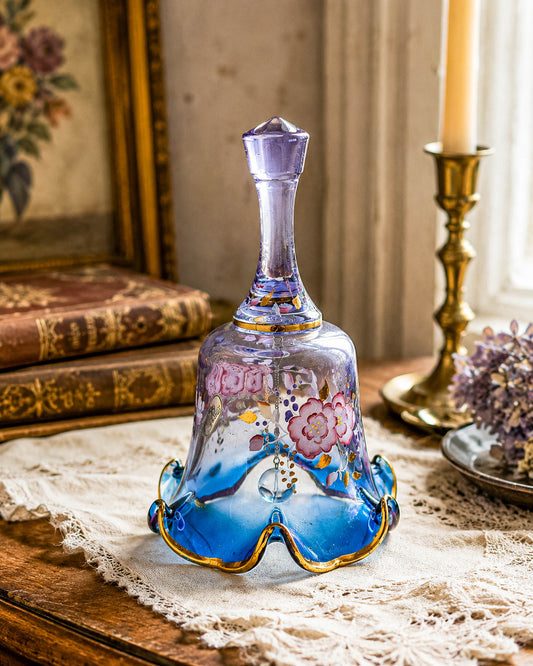 Vintage Fenton Mulberry Glass Bell — Hand-Painted Roses, Artist Signed, Original Sticker