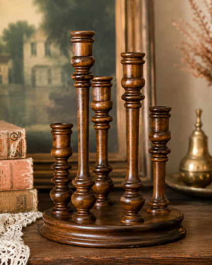 Vintage Turned Wood Multi-Arm Candelabra — 5-Taper Holder