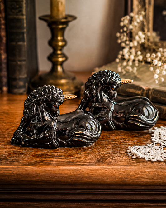 Black Ceramic Unicorn Figurines with Gold Accents | Matching Pair | Vintage Fantasy Decor