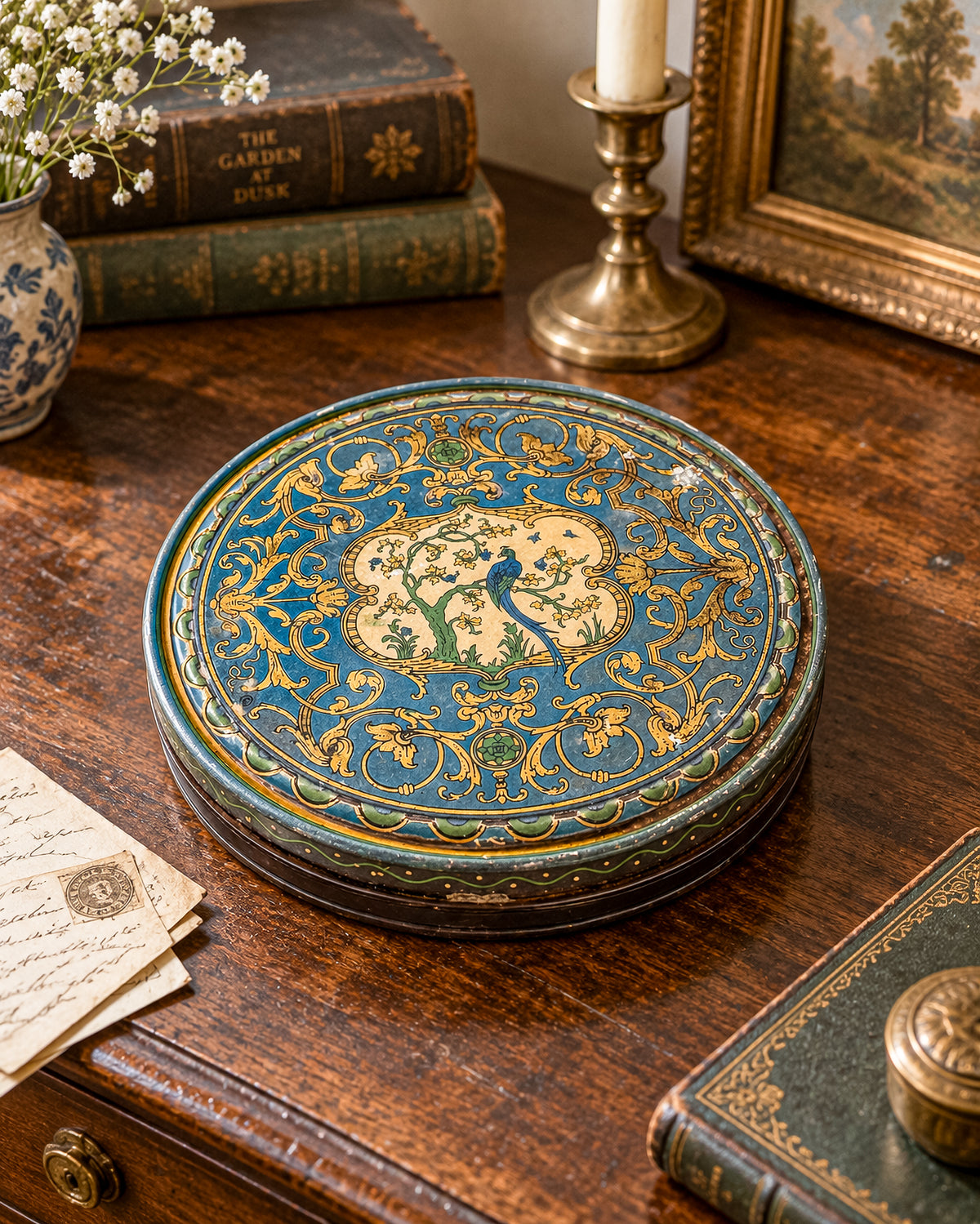 Vintage Beautebox CANCO Round Tin Box with Baroque Gold Scroll & Peacock, 9.5" Diameter