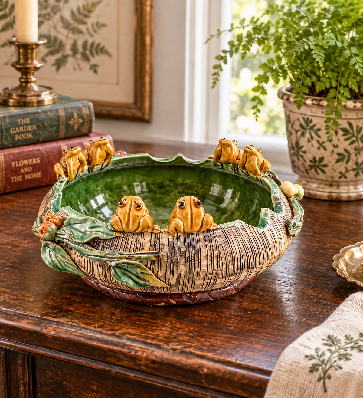 Majolica Style Ceramic Frog Bowl with Applied Frog Figurines, Teal Glaze, ~9" Diameter