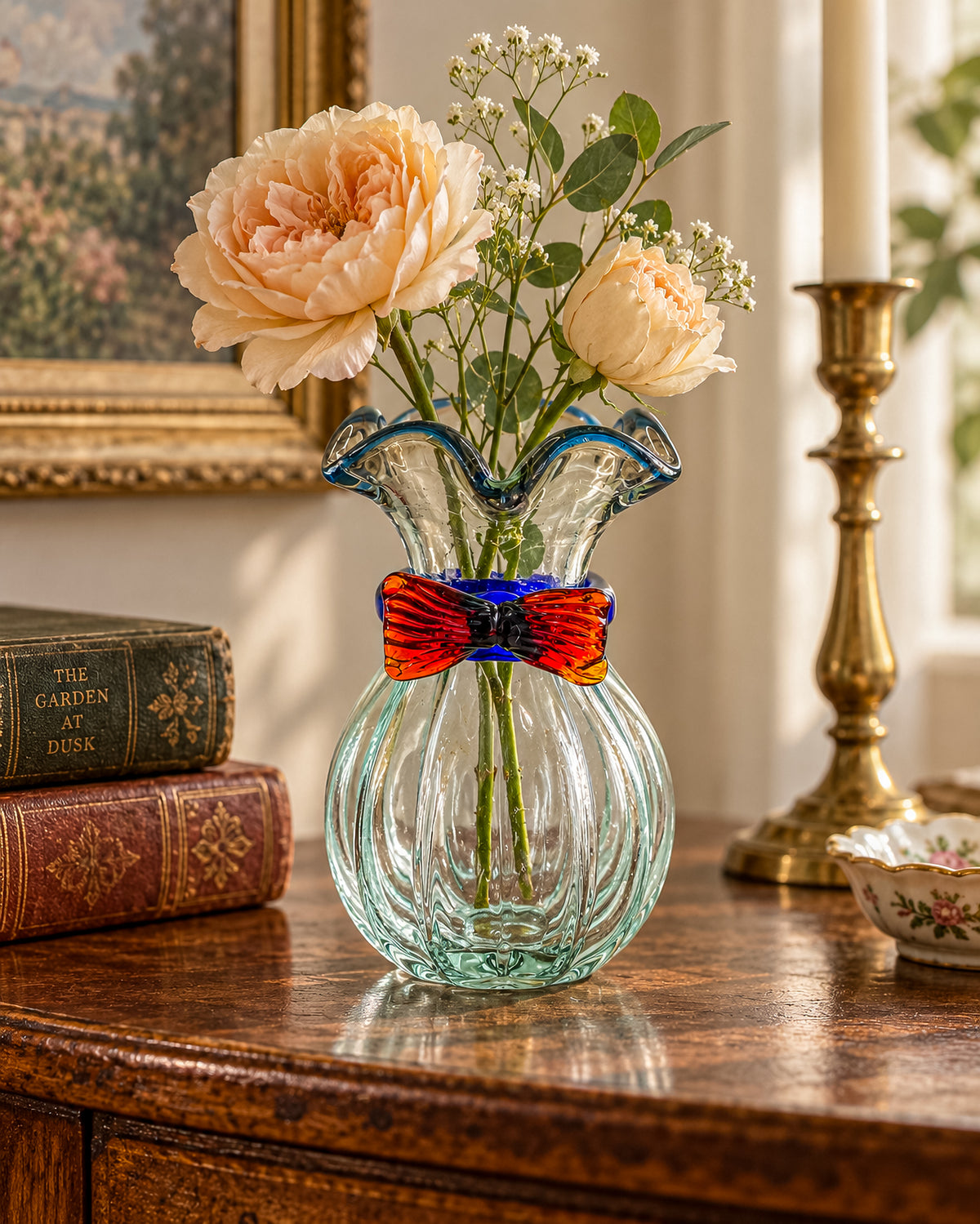 Vintage Hand-Blown Art Glass Vase with Ruffled Rim, Cobalt Blue Collar and Applied Red Glass Bow, 7" Tall