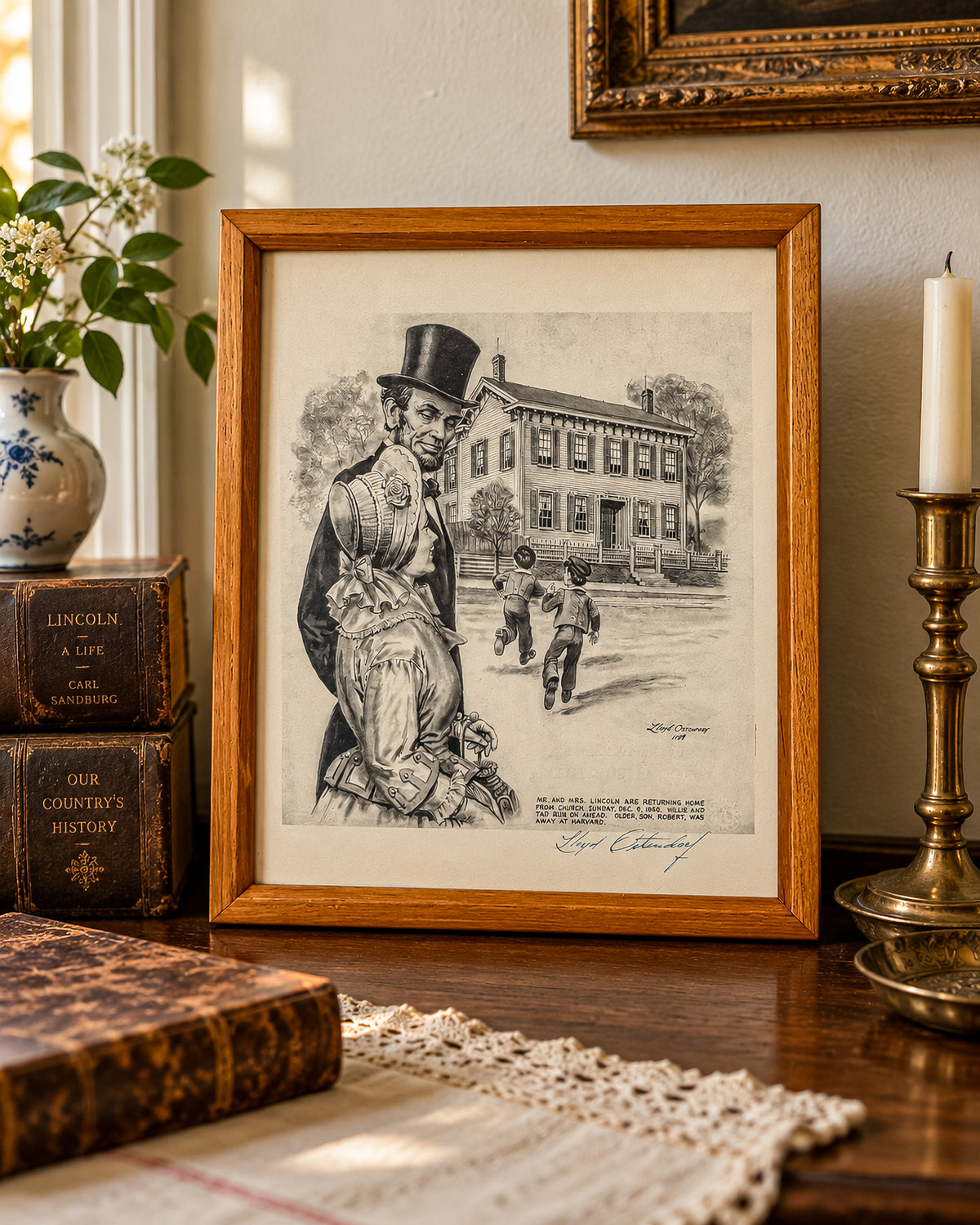 Signed Lloyd Ostendorf Lincoln Print in Oak Frame, 1988 — Mr. and Mrs. Lincoln Returning from Church