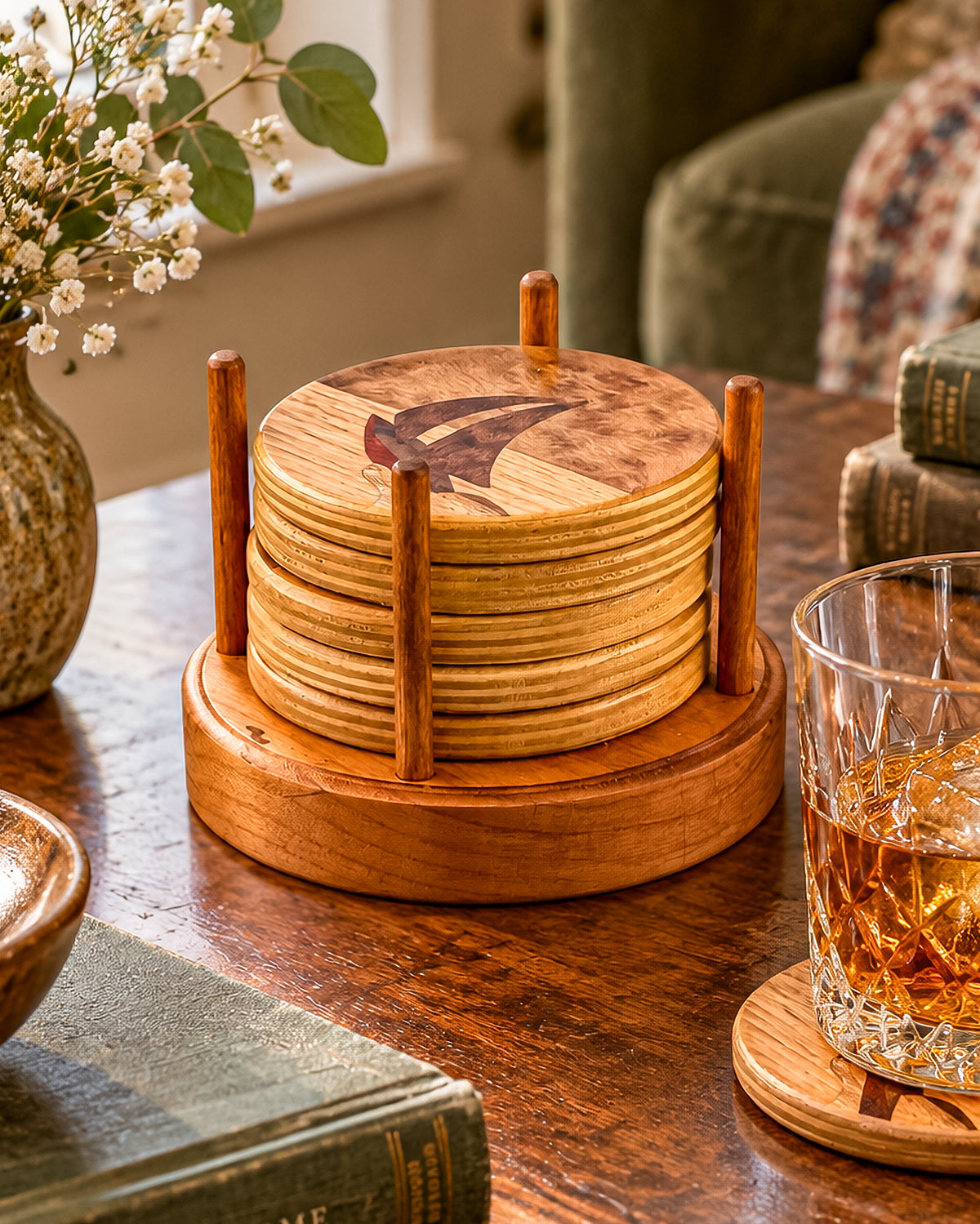 Vintage Wood Marquetry Nautical Coaster Set with Spindle Caddy, Mixed Hardwood Inlay, Mid-Century